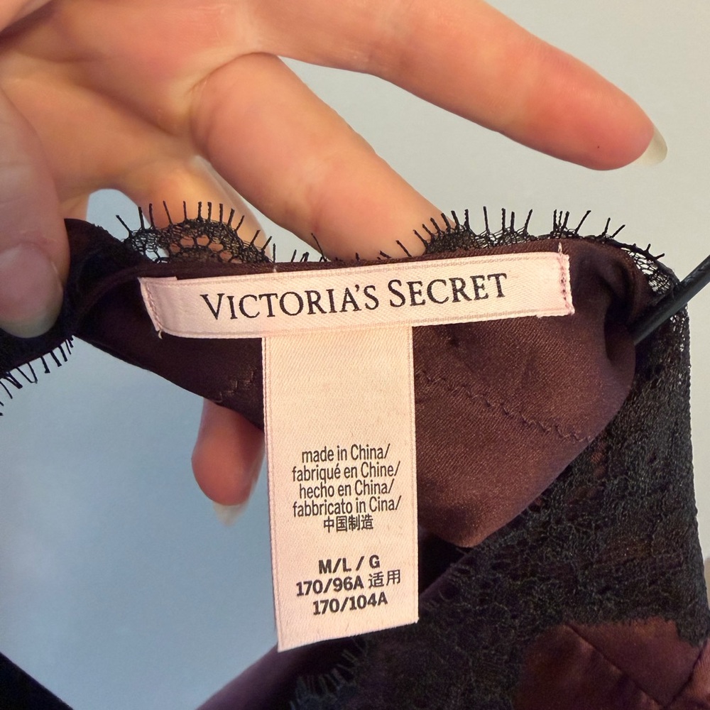 Victoria’s Secret Long Satin-like Robe in Deep Plum with Black Lace Trim - Picture 3 of 3